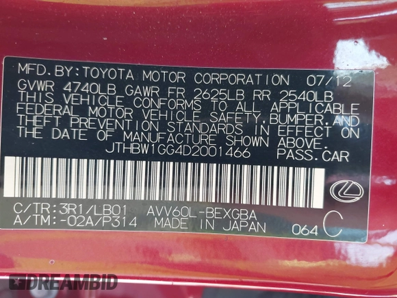 2013 Lexus ES 300h with VIN JTHBW1GG4D2001466, listed as a IAAI auction lot 41812800 with 110,662 mi miles and . Bid and sale history available at DreamBid. Image 18.