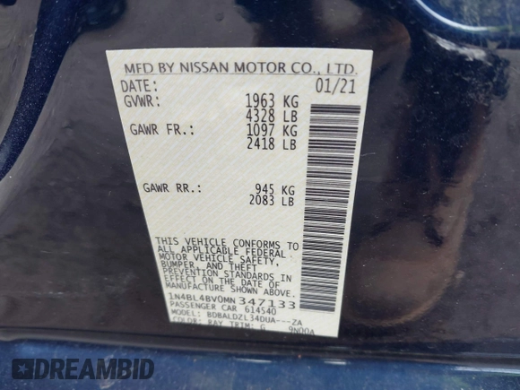 2021 Nissan Altima 2.5 S with VIN 1N4BL4BV0MN347133, listed as a IAAI auction lot 41728514 with 68,482 mi miles. Bid and sale history available at carsss.com. Image 9.