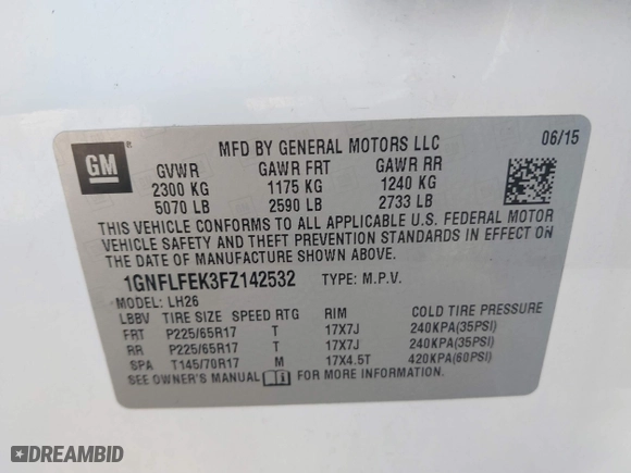 2015 Chevrolet Equinox LT with VIN 1GNFLFEK3FZ142532, listed as a IAAI auction lot 41729577 with 224,596 mi miles. Bid and sale history available at carsss.com. Image 9.