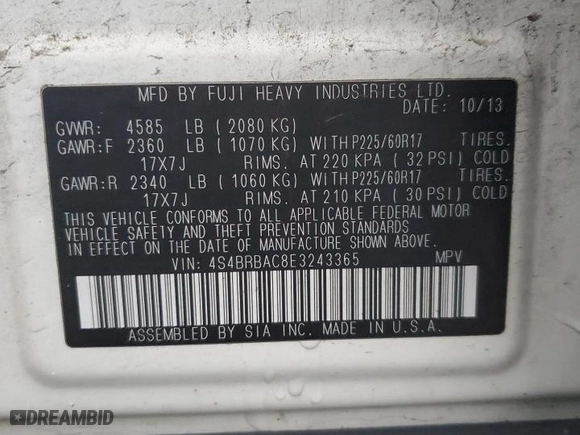 2014 Subaru Outback 2.5i with VIN 4S4BRBAC8E3243365, listed as a Copart auction lot 42605935 with 177,964 mi miles and Salvage Title. Bid and sale history available at carsss.com. Image 14.