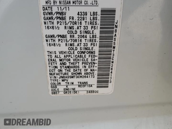 2012 Nissan Rogue S with VIN JN8AS5MT3CW264173, listed as a Copart auction lot 50833615 with 138,854 mi miles and Salvage Title. Bid and sale history available at carsss.com. Image 13.