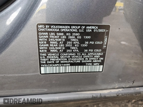 2023 Volkswagen Atlas SE с VIN 1V2LC2CA9PC214495, выставлен на аукционе Copart как лот 45463715 с пробегом 42 195 миль миль и Списание • Salvage title. История ставок и продаж доступна на DreamBid. Изображение 14.