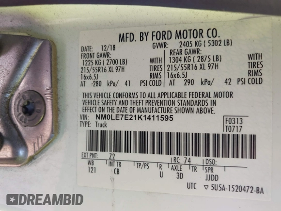 2019 Ford Transit Connect XL с VIN NM0LE7E21K1411595, выставлен на аукционе IAAI как лот 42785076 с пробегом 300 548 миль миль и . История ставок и продаж доступна на DreamBid. Изображение 9.