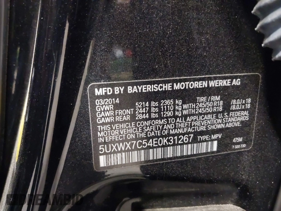 2014 BMW X3 xDrive35i with VIN 5UXWX7C54E0K31267, listed as a IAAI auction lot 42138926 with 61,244 mi miles and . Bid and sale history available at DreamBid. Image 9.