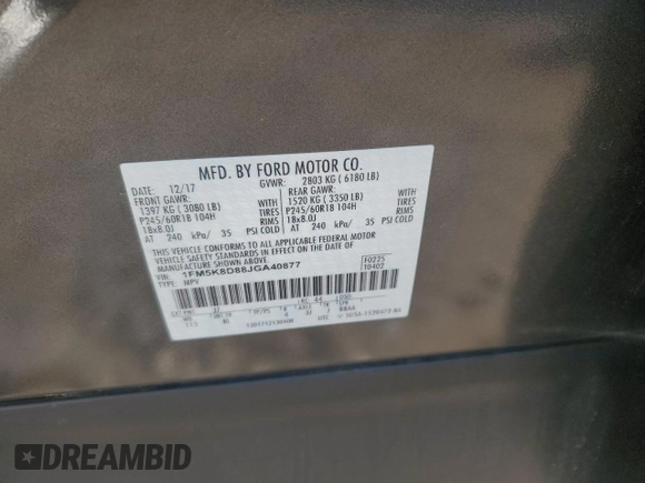 2018 Ford Explorer XLT с VIN 1FM5K8D88JGA40877, выставлен на аукционе Copart как лот 62116855 с пробегом 78 034 миль миль и Списание • Salvage title. История ставок и продаж доступна на DreamBid. Изображение 13.