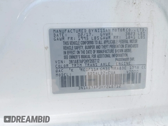 2017 Nissan Sentra SV with VIN 3N1AB7AP3HY268712, listed as a IAAI auction lot 42291330 with 99,975 mi miles and . Bid and sale history available at DreamBid. Image 9.