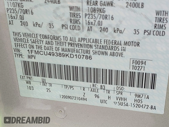 2009 Ford Escape Hybrid with VIN 1FMCU49389KD10786, listed as a IAAI auction lot 42134866 with 112,696 mi miles and . Bid and sale history available at DreamBid. Image 9.