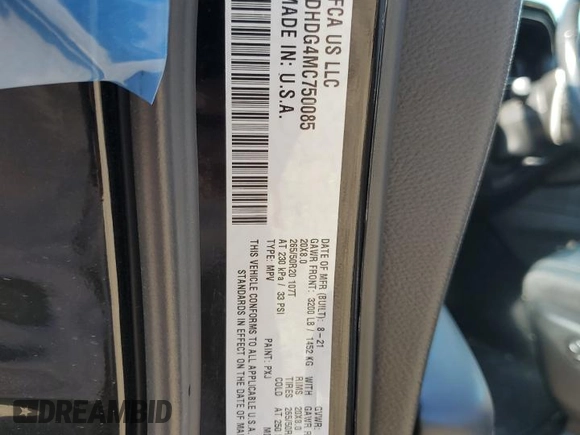 2021 Dodge Durango GT with VIN 1C4RDHDG4MC750085, listed as a Copart auction lot 52993585 with Not provided miles and Salvage title. Bid and sale history available at DreamBid. Image 13.