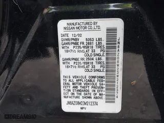 2003 Nissan Murano SL with VIN JN8AZ08W23W212374, listed as a IAAI auction lot 41937611 with 146,922 mi miles. Bid and sale history available at carsss.com. Image 9.