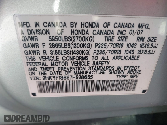 2007 Honda Pilot EX-L with VIN 2HKYF18667H528655, listed as a IAAI auction lot 41902313 with 183,504 mi miles and . Bid and sale history available at DreamBid. Image 9.