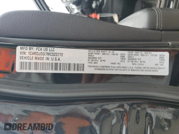 2021 Dodge Durango GT Plus with VIN 1C4RDJDG7MC523772, listed as a Copart auction lot 58276015 with 64,991 mi miles and Salvage title. Bid and sale history available at DreamBid. Image 13.