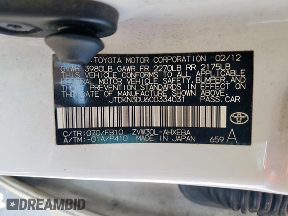 2012 Toyota Prius One with VIN JTDKN3DU6C0334031, listed as a Copart auction lot 52438865 with 194,467 mi miles and Salvage Title. Bid and sale history available at carsss.com. Image 12.