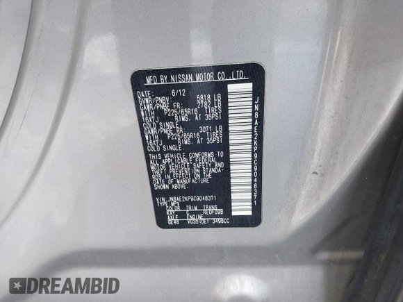 2012 Nissan Quest S z VIN JN8AE2KP9C9048371, wystawiony jako IAAI lot #42058547 z przebiegiem 119 711 mil mil oraz . Historia ofert i sprzedaży dostępna na DreamBid. Obrazek 9.