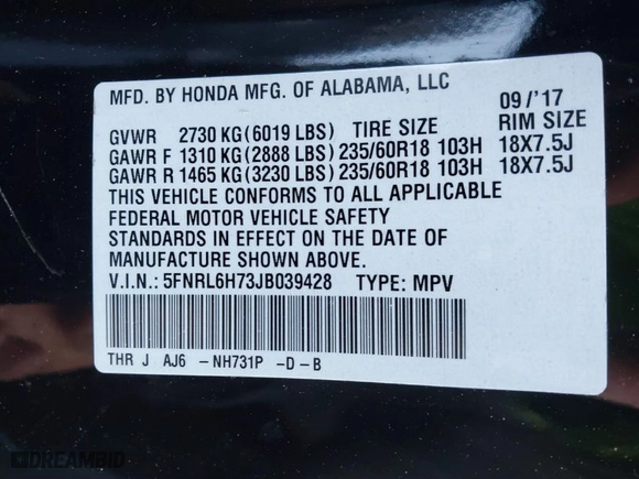 2018 Honda Odyssey EX-L with VIN 5FNRL6H73JB039428, listed as a IAAI auction lot 41813110 with 132,894 mi miles. Bid and sale history available at carsss.com. Image 9.
