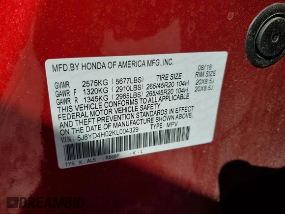 2019 Acura MDX Technology with VIN 5J8YD4H02KL004329, listed as a Copart auction lot 46616055 with 58,772 mi miles and Salvage title. Bid and sale history available at DreamBid. Image 15.