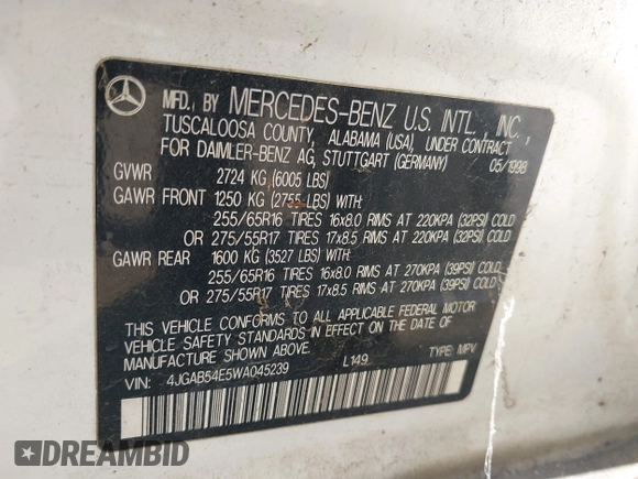 1998 Mercedes-Benz M 320/430/500 with VIN 4JGAB54E5WA045239, listed as a IAAI auction lot 42421933 with 174,208 mi miles and . Bid and sale history available at DreamBid. Image 9.