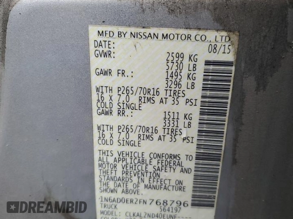 2015 Nissan Frontier SV with VIN 1N6AD0ER2FN768796, listed as a Copart auction lot 61269685 with Not provided miles and Salvage title. Bid and sale history available at DreamBid. Image 12.