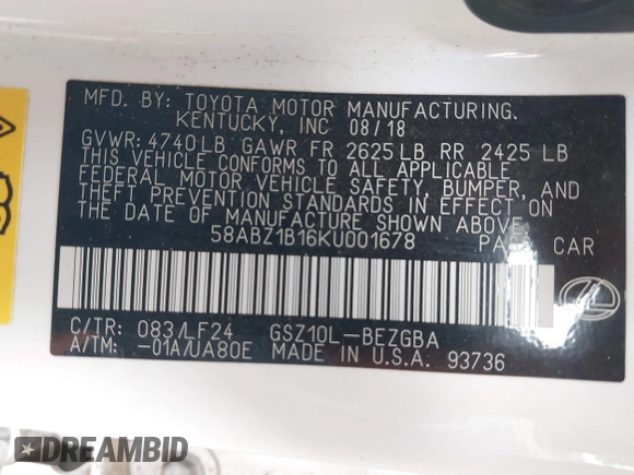 2019 Lexus ES 350 with VIN 58ABZ1B16KU001678, listed as a IAAI auction lot 41579443 with 146,789 mi miles and . Bid and sale history available at DreamBid. Image 9.