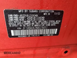 2022 Subaru WRX GT с VIN JF1VBAU62N8028451, выставлен на аукционе Copart как лот 84314494 с пробегом 23 897 миль миль и Списание • Salvage title. История ставок и продаж доступна на DreamBid. Изображение 14.
