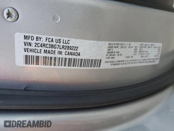 2020 Chrysler Pacifica Launch Edition with VIN 2C4RC3BG7LR289222, listed as a Copart auction lot 45941595 with 58,631 mi miles and Salvage title. Bid and sale history available at DreamBid. Image 13.