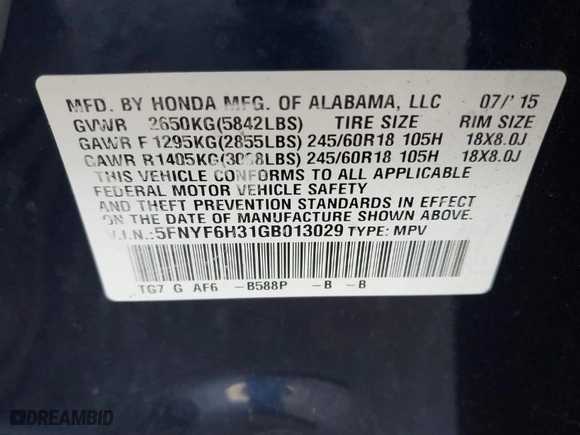 2016 Honda Pilot EX with VIN 5FNYF6H31GB013029, listed as a IAAI auction lot 41819037 with 134,518 mi miles. Bid and sale history available at carsss.com. Image 9.
