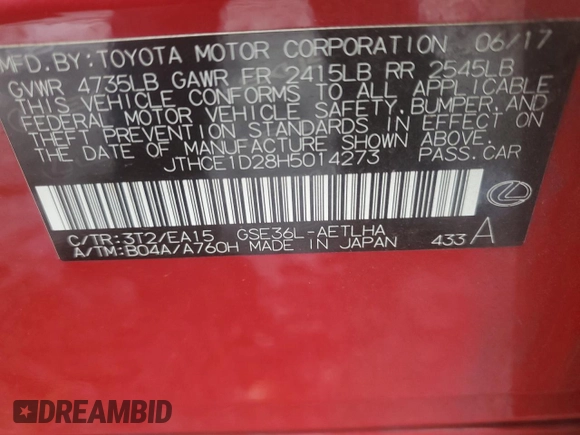 2017 Lexus IS 350 with VIN JTHCE1D28H5014273, listed as a Copart auction lot 85163664 with 46,567 mi miles and Salvage title. Bid and sale history available at DreamBid. Image 12.