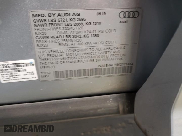 2019 Audi SQ5 Premium Plus with VIN WA1B4AFY8K2121442, listed as a Copart auction lot 80944933 with 44,179 mi miles and . Bid and sale history available at DreamBid. Image 12.
