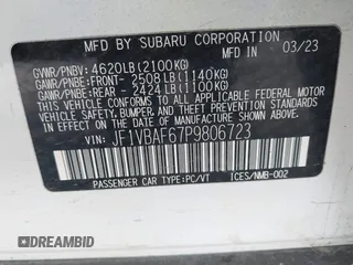 2023 Subaru WRX Premium z VIN JF1VBAF67P9806723, wystawiony jako IAAI lot #42084663 z przebiegiem 48 648 mil mil oraz . Historia ofert i sprzedaży dostępna na DreamBid. Obrazek 9.
