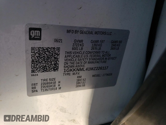 2021 GMC Acadia SLT z VIN 1GKKNML41MZ226117, wystawiony jako Copart lot #52290045 z przebiegiem 81 081 mil mil oraz Szkoda całkowita • Salvage title. Historia ofert i sprzedaży dostępna na DreamBid. Obrazek 15.
