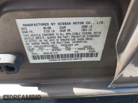 2000 Nissan Altima XE with VIN 1N4DL01D9YC218013, listed as a IAAI auction lot 39405924 with 173,861 mi miles and . Bid and sale history available at DreamBid. Image 9.