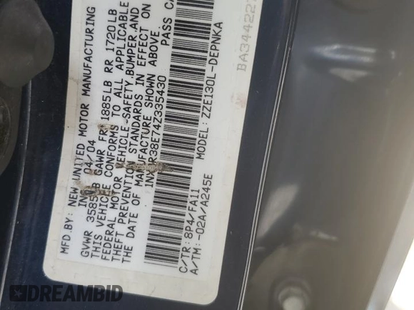 2004 Toyota Corolla CE with VIN 1NXBR38E74Z335430, listed as a Copart auction lot 51757685 with 299,999 mi miles and Salvage Title. Bid and sale history available at DreamBid. Image 12.