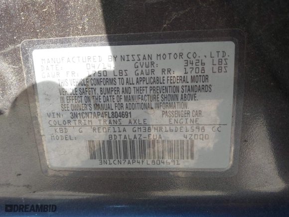 2015 Nissan Versa SV with VIN 3N1CN7AP4FL804691, listed as a IAAI auction lot 42023511 with 135,529 mi miles. Bid and sale history available at carsss.com. Image 9.