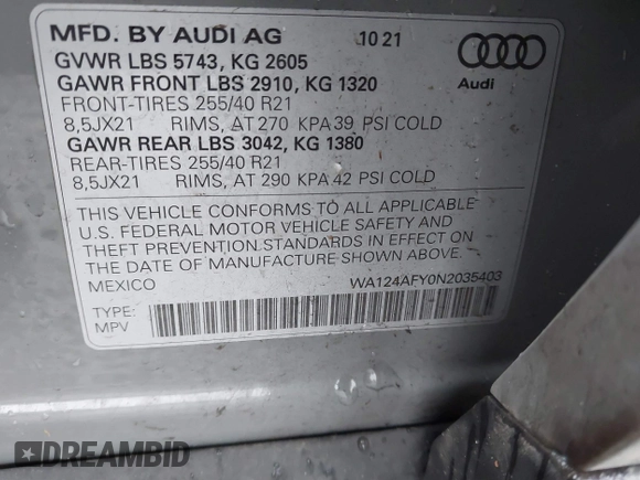 2022 Audi SQ5 Sportback Premium Plus z VIN WA124AFY0N2035403, wystawiony jako IAAI lot #41630485 z przebiegiem 31 342 mil mil oraz . Historia ofert i sprzedaży dostępna na DreamBid. Obrazek 9.