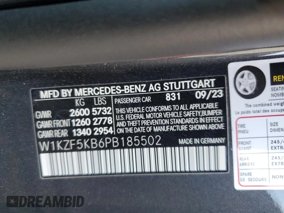 2023 Mercedes-Benz E 450 with VIN W1KZF5KB6PB185502, listed as a Copart auction lot 85794934 with 8,351 mi miles and Salvage Title. Bid and sale history available at DreamBid. Image 13.