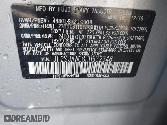 2017 Subaru Forester Touring with VIN JF2SJAWC8HH532348, listed as a IAAI auction lot 41304804 with 104,221 mi miles and . Bid and sale history available at DreamBid. Image 9.