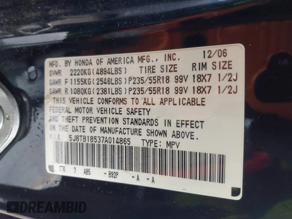 2007 Acura RDX Technology z VIN 5J8TB18537A014865, wystawiony jako IAAI lot #42358419 z przebiegiem 178 629 mil mil oraz . Historia ofert i sprzedaży dostępna na DreamBid. Obrazek 9.
