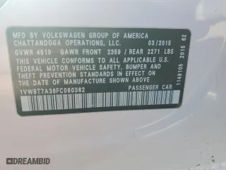 2015 Volkswagen Passat 1.8T SE w/Sunroof & Nav with VIN 1VWBT7A36FC080362, listed as a Copart auction lot 49840165 with 0 mi miles and Salvage Title. Bid and sale history available at carsss.com. Image 12.
