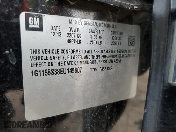 2014 Chevrolet Impala LTZ with VIN 1G1155S38EU145807, listed as a Copart auction lot 53116564 with 134,580 mi miles and Salvage Title. Bid and sale history available at DreamBid. Image 12.