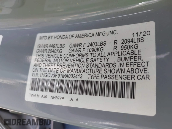 2021 Honda Accord Touring with VIN 1HGCV3F91MA002413, listed as a IAAI auction lot 40682887 with 101,653 mi miles and . Bid and sale history available at DreamBid. Image 9.