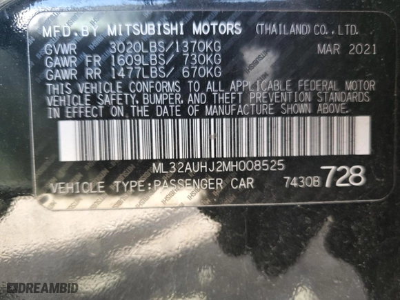 2021 Mitsubishi Mirage ES with VIN ML32AUHJ2MH008525, listed as a Copart auction lot 50196475 with 46,879 mi miles and Non Repairable. Bid and sale history available at carsss.com. Image 13.