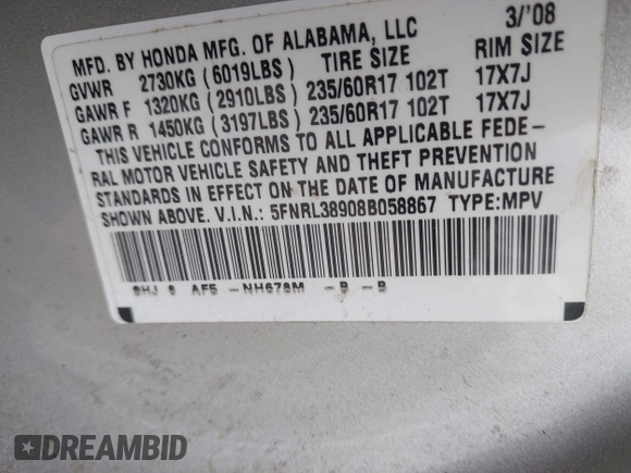 2008 Honda Odyssey Touring with VIN 5FNRL38908B058867, listed as a IAAI auction lot 42126471 with 201,088 mi miles and . Bid and sale history available at DreamBid. Image 9.
