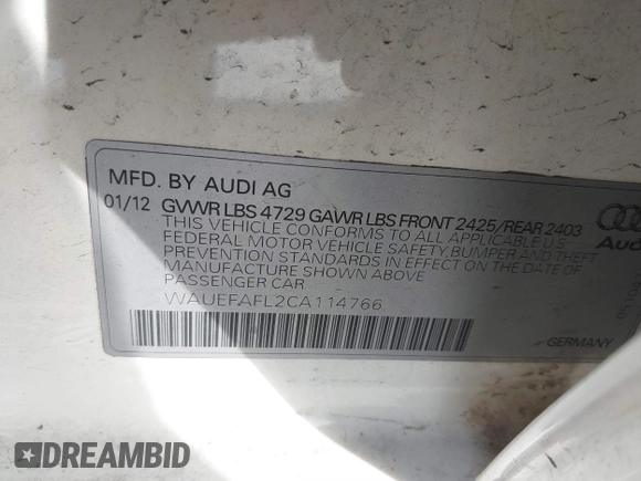 2012 Audi A4 2.0T Premium Plus with VIN WAUEFAFL2CA114766, listed as a IAAI auction lot 41359227 with 158,296 mi miles. Bid and sale history available at carsss.com. Image 9.