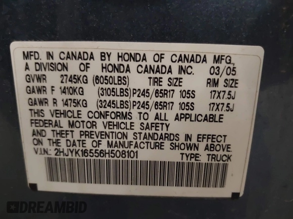 2006 Honda Ridgeline RTL with VIN 2HJYK16556H508101, listed as a IAAI auction lot 41909651 with 301,945 mi miles. Bid and sale history available at carsss.com. Image 9.