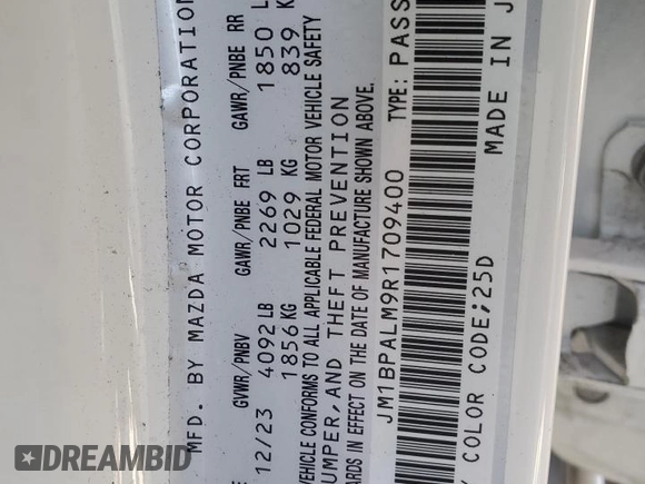 2024 Mazda 3 S Preferred with VIN JM1BPALM9R1709400, listed as a Copart auction lot 52795505 with 10,790 mi miles and Salvage title. Bid and sale history available at DreamBid. Image 13.