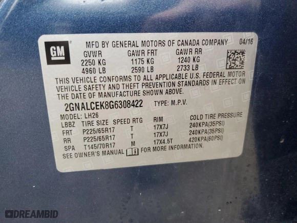 2016 Chevrolet Equinox LT with VIN 2GNALCEK8G6308422, listed as a Copart auction lot 60312474 with 74,951 mi miles and Salvage Title. Bid and sale history available at carsss.com. Image 14.