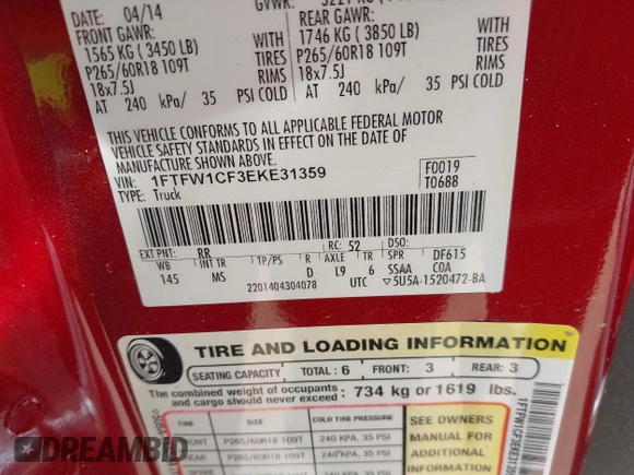 2014 Ford F-150 XL with VIN 1FTFW1CF3EKE31359, listed as a IAAI auction lot 42244279 with 84,942 mi miles and . Bid and sale history available at DreamBid. Image 9.