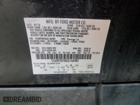 2016 Ford Taurus SHO with VIN 1FAHP2KT0GG146987, listed as a Copart auction lot 60123175 with 137,675 mi miles and Salvage title. Bid and sale history available at DreamBid. Image 12.