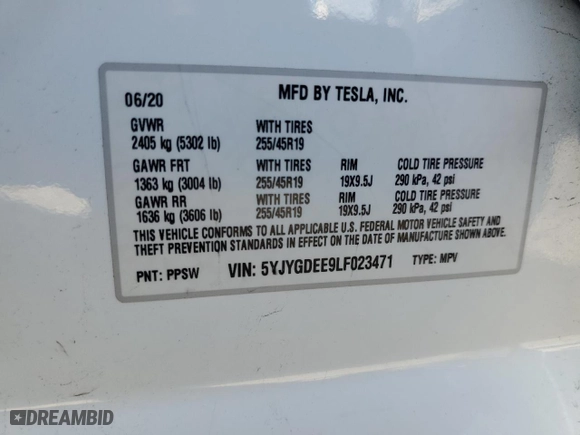 2020 Tesla Model Y Long Range with VIN 5YJYGDEE9LF023471, listed as a Copart auction lot 45883955 with NaN miles and Salvage Title. Bid and sale history available at carsss.com. Image 15.