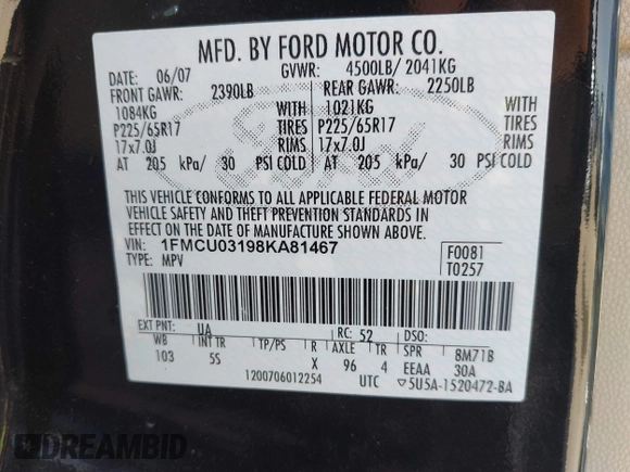 2008 Ford Escape XLT with VIN 1FMCU03198KA81467, listed as a IAAI auction lot 42263917 with 196,088 mi miles and . Bid and sale history available at DreamBid. Image 9.