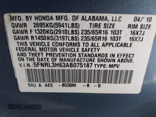 2010 Honda Odyssey EX-L with VIN 5FNRL3H63AB075187, listed as a IAAI auction lot 42114126 with 131,272 mi miles. Bid and sale history available at carsss.com. Image 9.